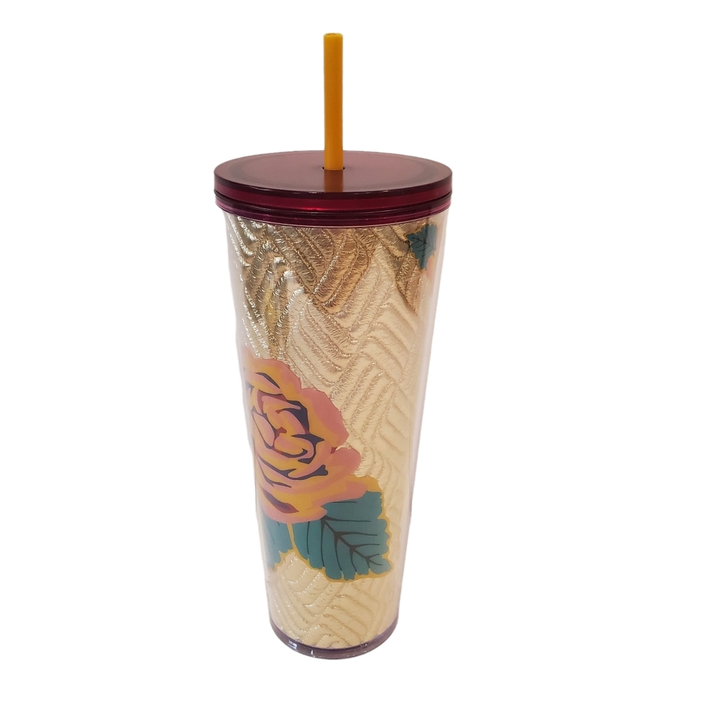 Starbucks Fall 2020 Gold Quilted with Pink Rose Beauty & Beast 24oz Tumbler FLAW - Picture 2 of 6